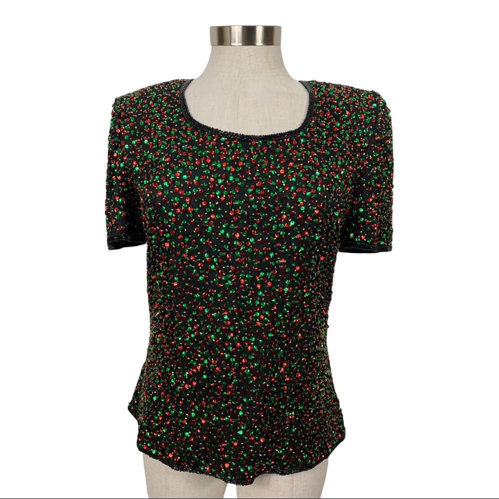 Laurence Kazar Vintage Red & Green Sequined Top Medium